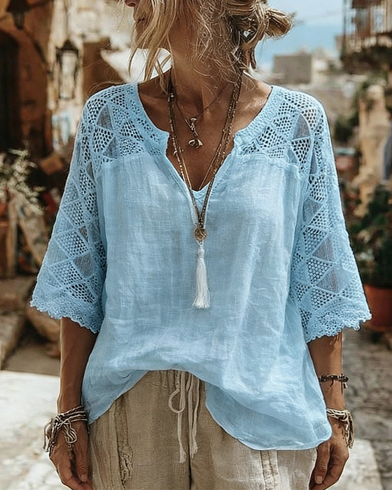 V-Neck Blouse with Lace Detail