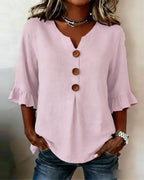 V-Neck Blouse with Wooden Buttons and Ruffled Sleeves