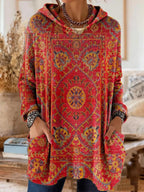 Retro Ethnic Print Hooded Tunic