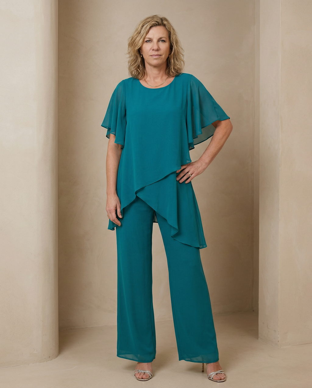 Elegant Two-Piece Set | Flowing Layered Top and Wide-Leg Trousers