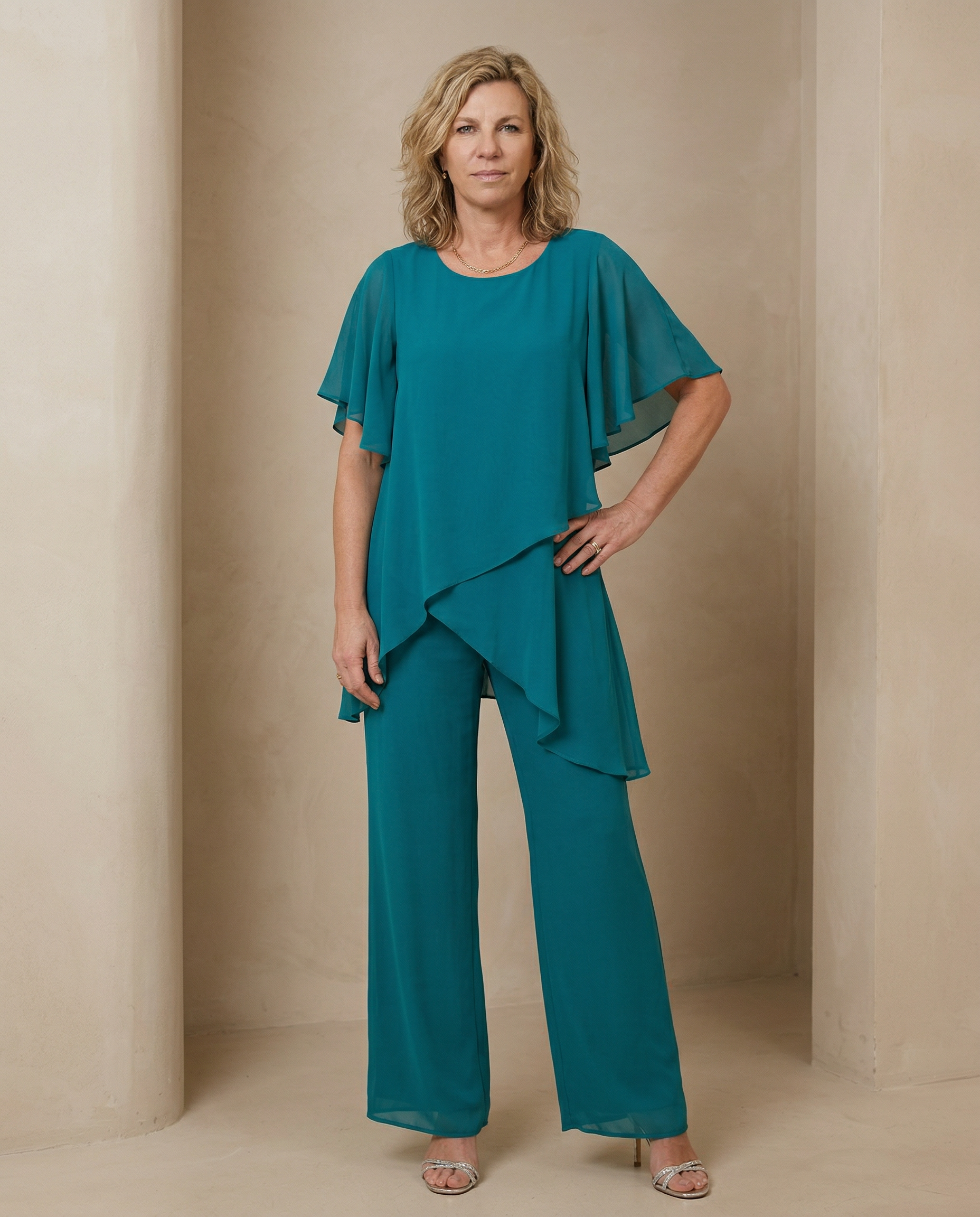 Elegant Two-Piece Set | Flowing Layered Top and Wide-Leg Trousers