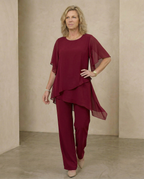 Elegant Two-Piece Set | Flowing Layered Top and Wide-Leg Trousers