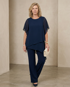 Elegant Two-Piece Set | Flowing Layered Top and Wide-Leg Trousers