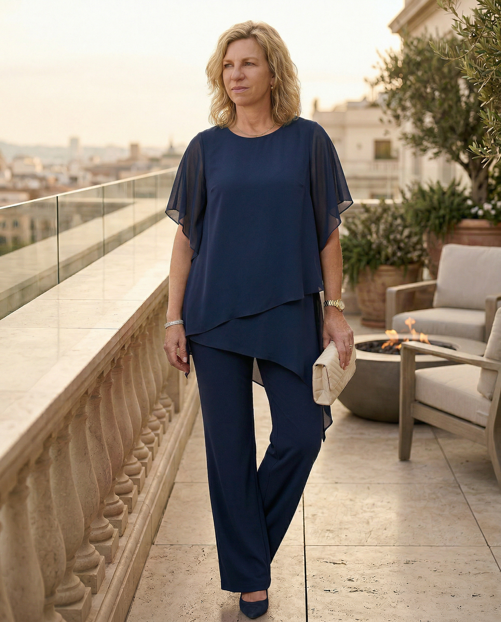 Elegant Two-Piece Set | Flowing Layered Top and Wide-Leg Trousers