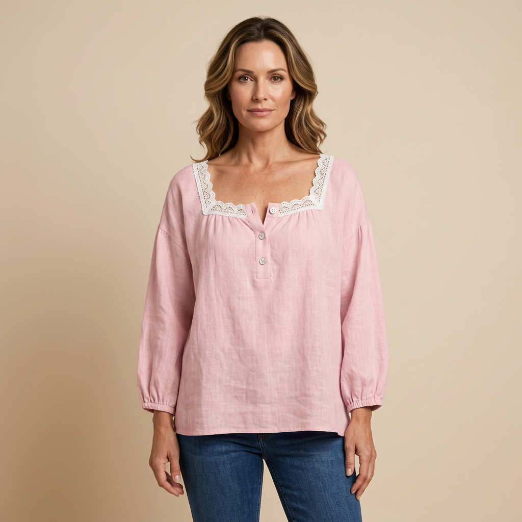 Lace Blouse with Square Neck and Puff Sleeves