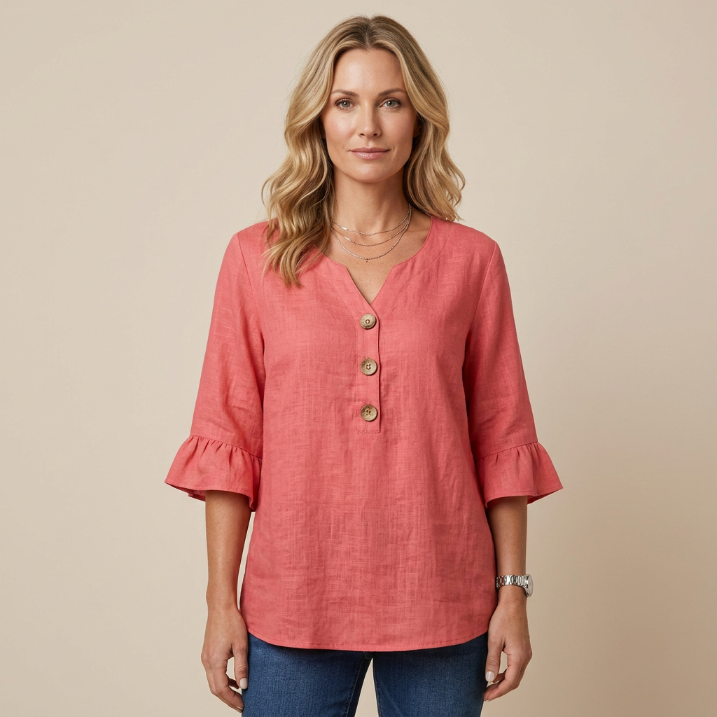 V-Neck Blouse with Wooden Buttons and Ruffled Sleeves