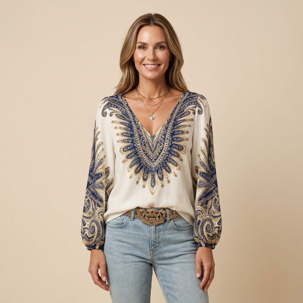 Karen | Top with V-Neck and Retro Print