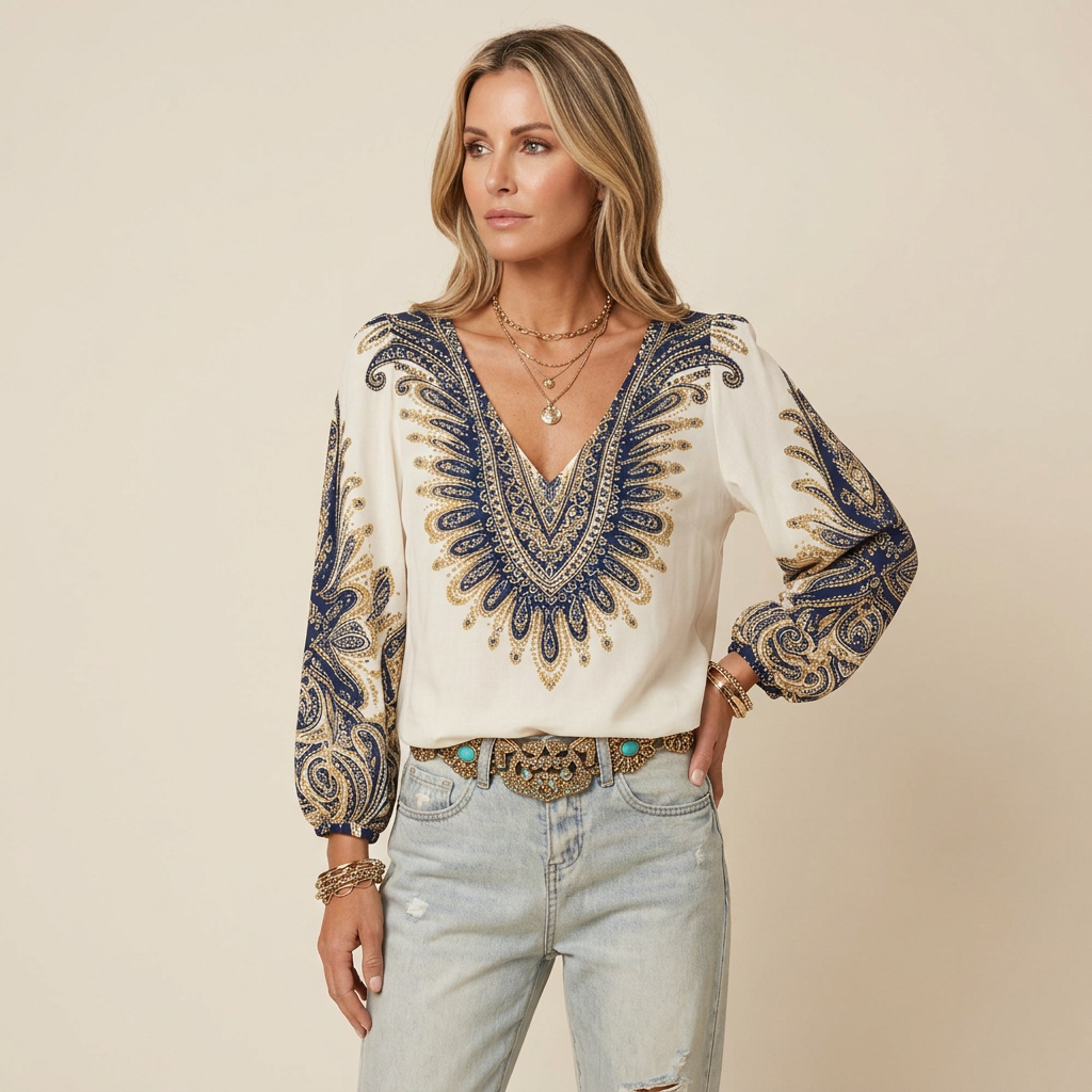 Karen | Top with V-Neck and Retro Print