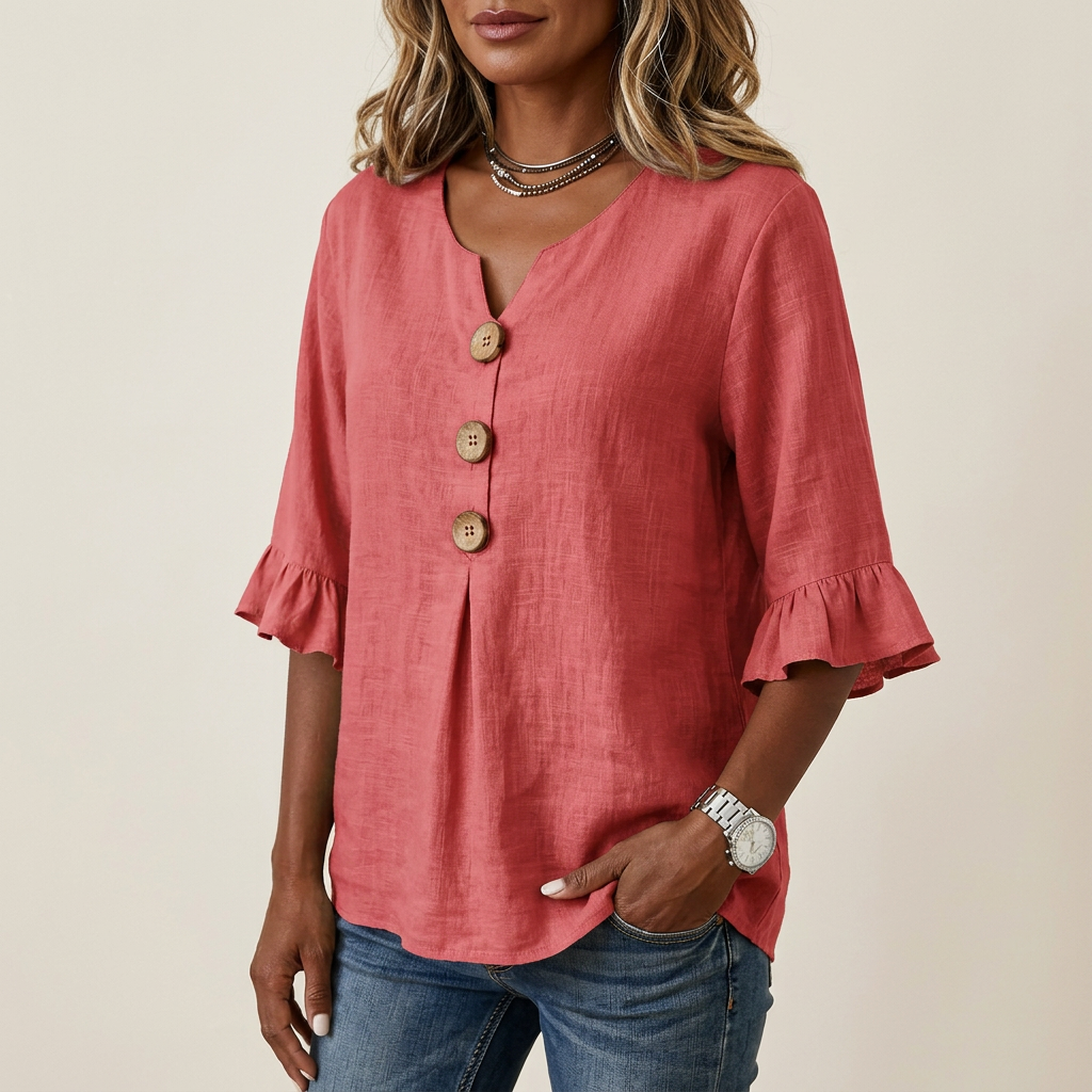 V-Neck Blouse with Wooden Buttons and Ruffled Sleeves