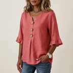 V-Neck Blouse with Wooden Buttons and Ruffled Sleeves