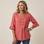 V-Neck Blouse with Wooden Buttons and Ruffled Sleeves