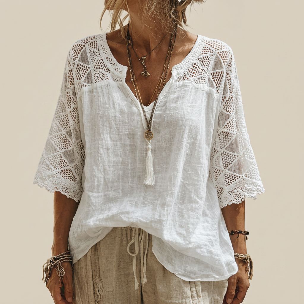 V-Neck Blouse with Lace Detail
