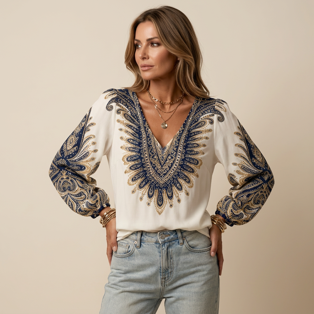 Karen | Top with V-Neck and Retro Print
