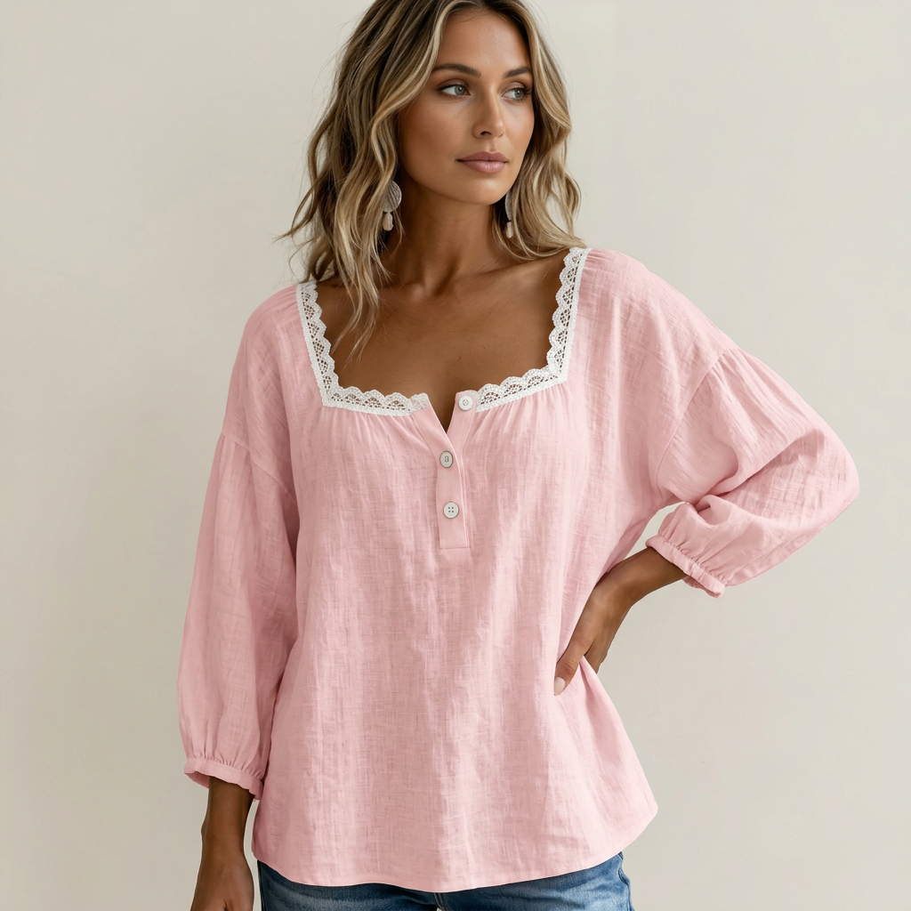 Lace Blouse with Square Neck and Puff Sleeves