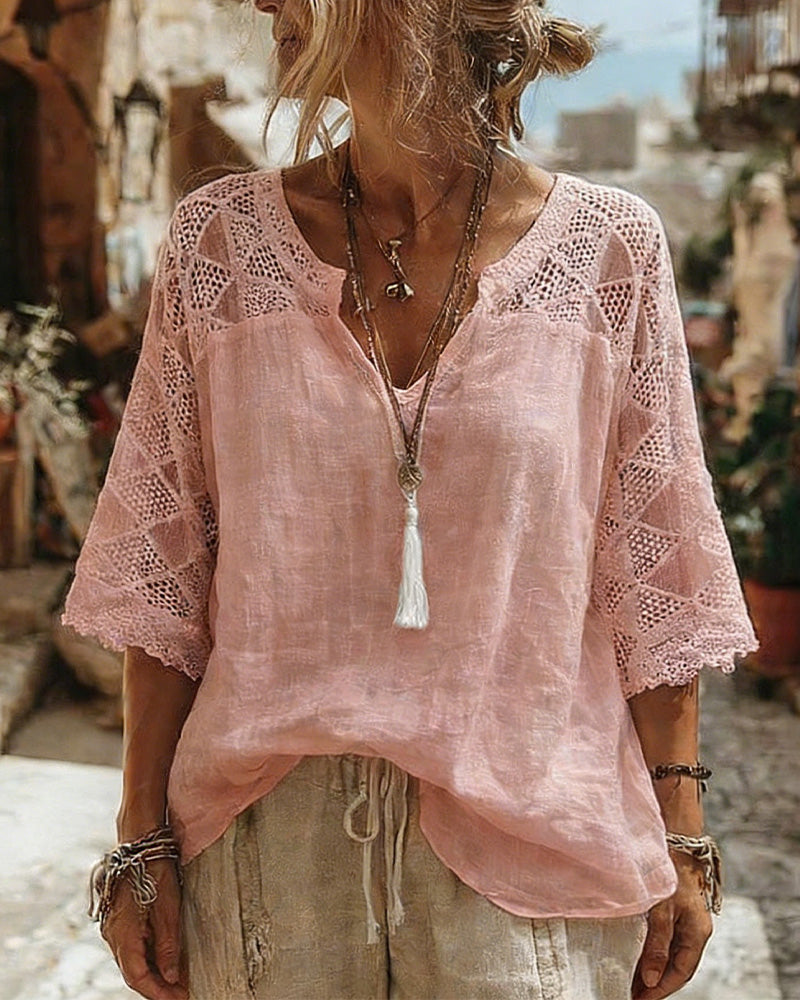 V-Neck Blouse with Lace Detail